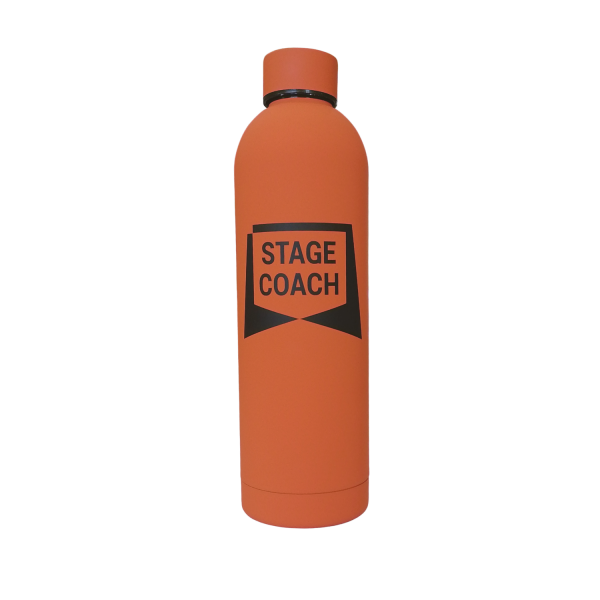 Trinkflasche mit Schraubverschluß aus Edelstahl. Orange mit Stagecoach Logo in schwarz